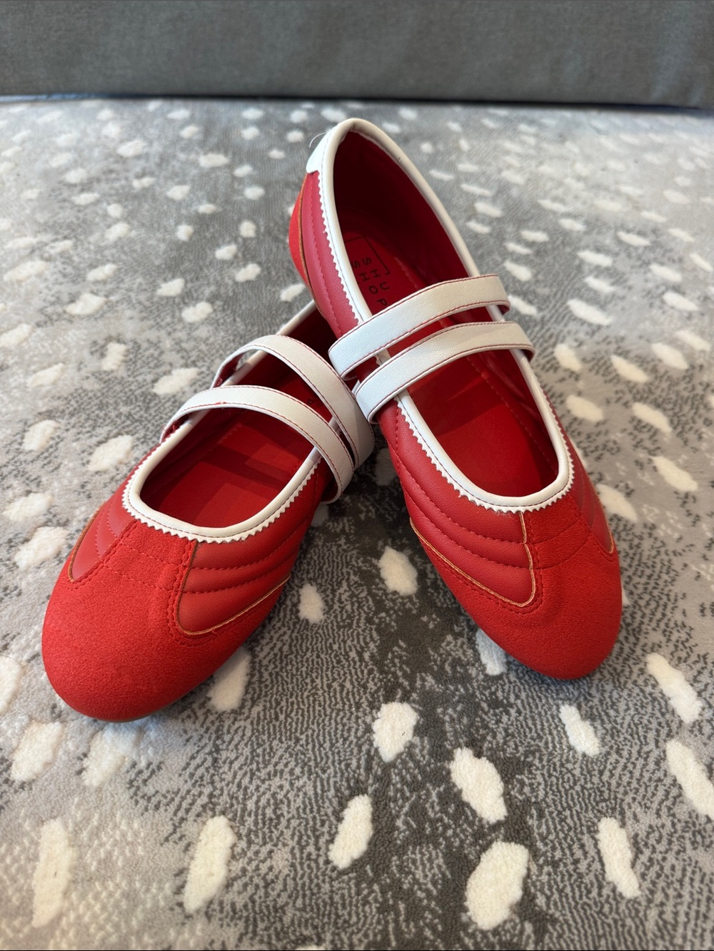 Women Red Mary Jane Ballet Flats with White Straps